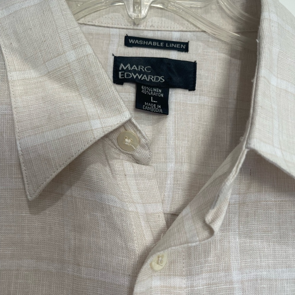 Marc Edwards Tan and Cream Casual Linen Button Down Shirt - Picture 2 of 5
